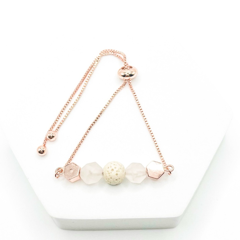 Rose Gold Adjustable Bracelet with Frosted Beads and Lava Stone Center